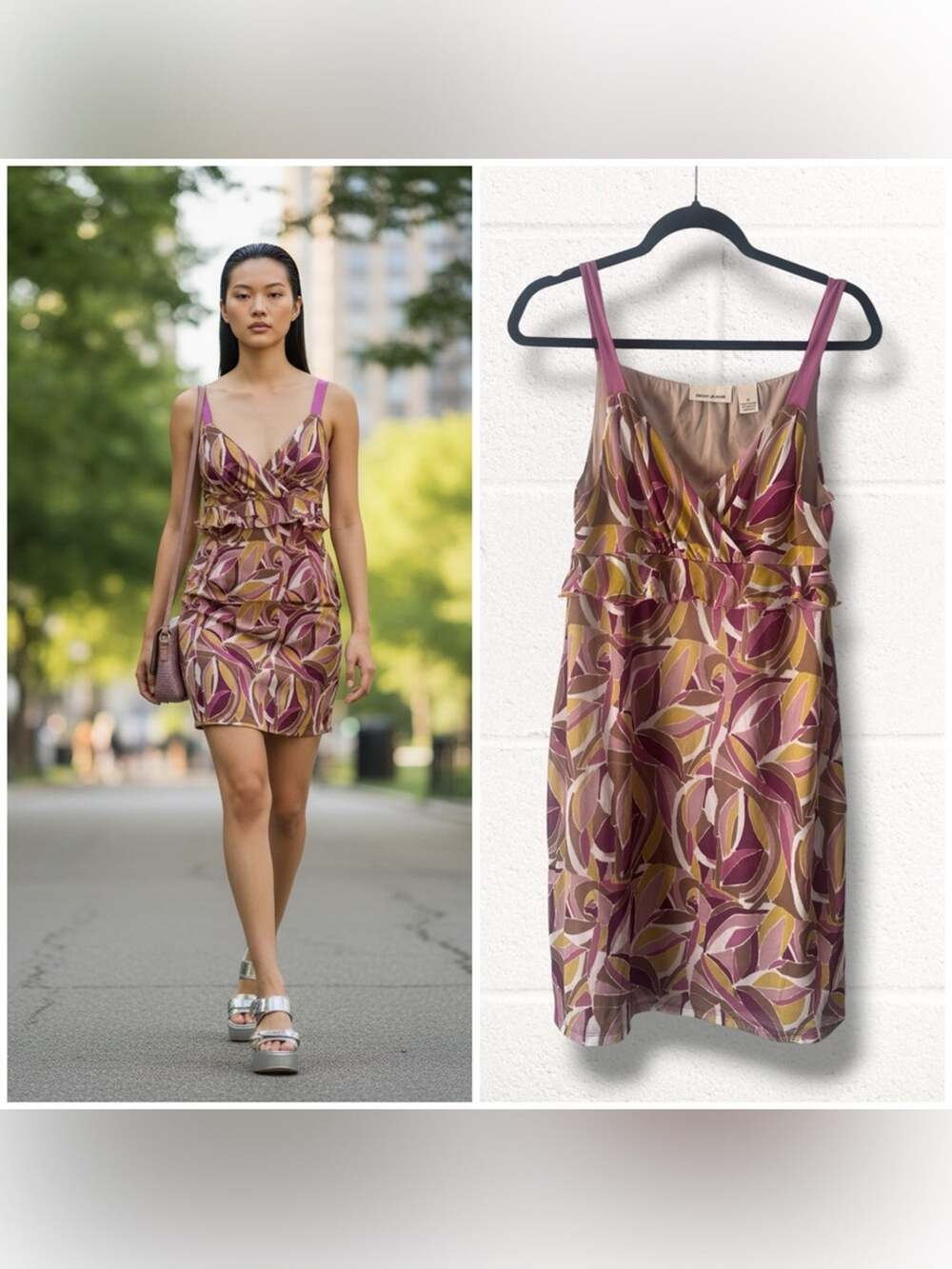 Vintage Y2K DKNY Mesh Plum and Mustard Printed Ruffle Mini Dress, Medium